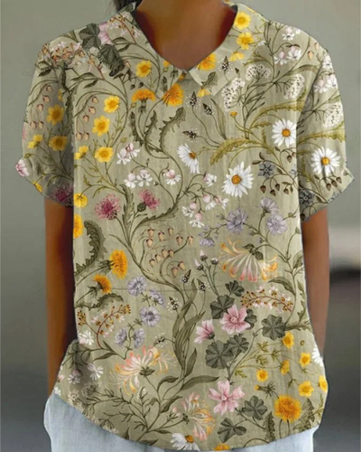 Beatrix - Retro Floral Cotton-Linen Shirt